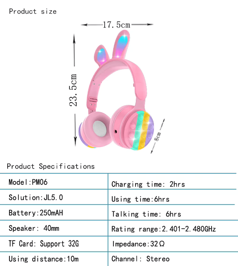 Auriculares Inalambricos Con Orejas De Conejo Popit Led PM-06