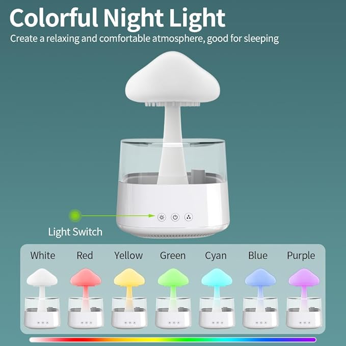 Difusor de Aceites Esenciales y Humidificador Nube de Lluvia con Luz Nocturna