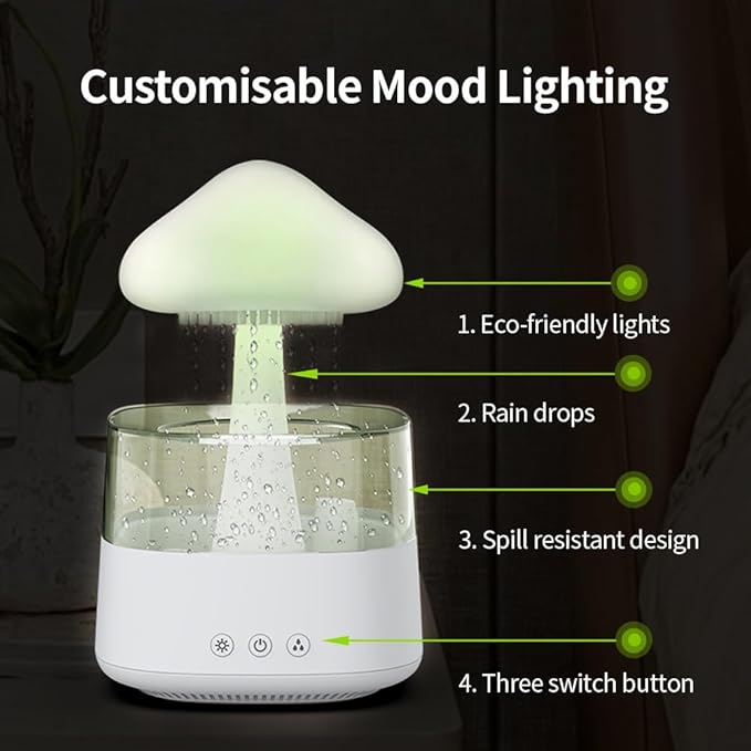 Difusor de Aceites Esenciales y Humidificador Nube de Lluvia con Luz Nocturna